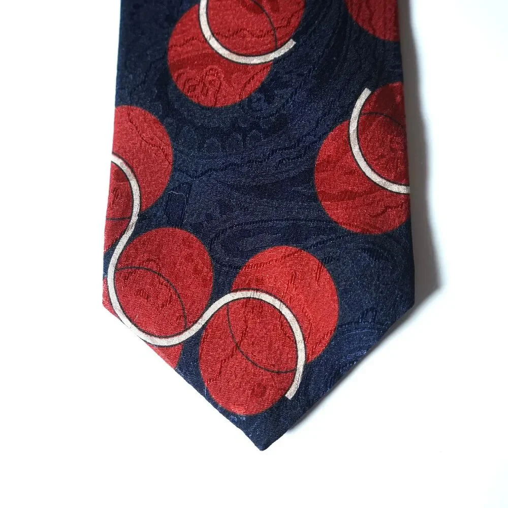 Pierre Balmain Neck Tie Navy Blue Geometric Red White Circular Pattern